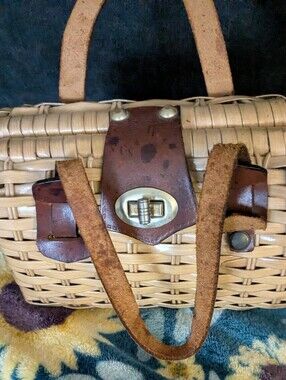 Vintage Woven Mini Tote  Top-Handle Mini with Brown Leather Trim
